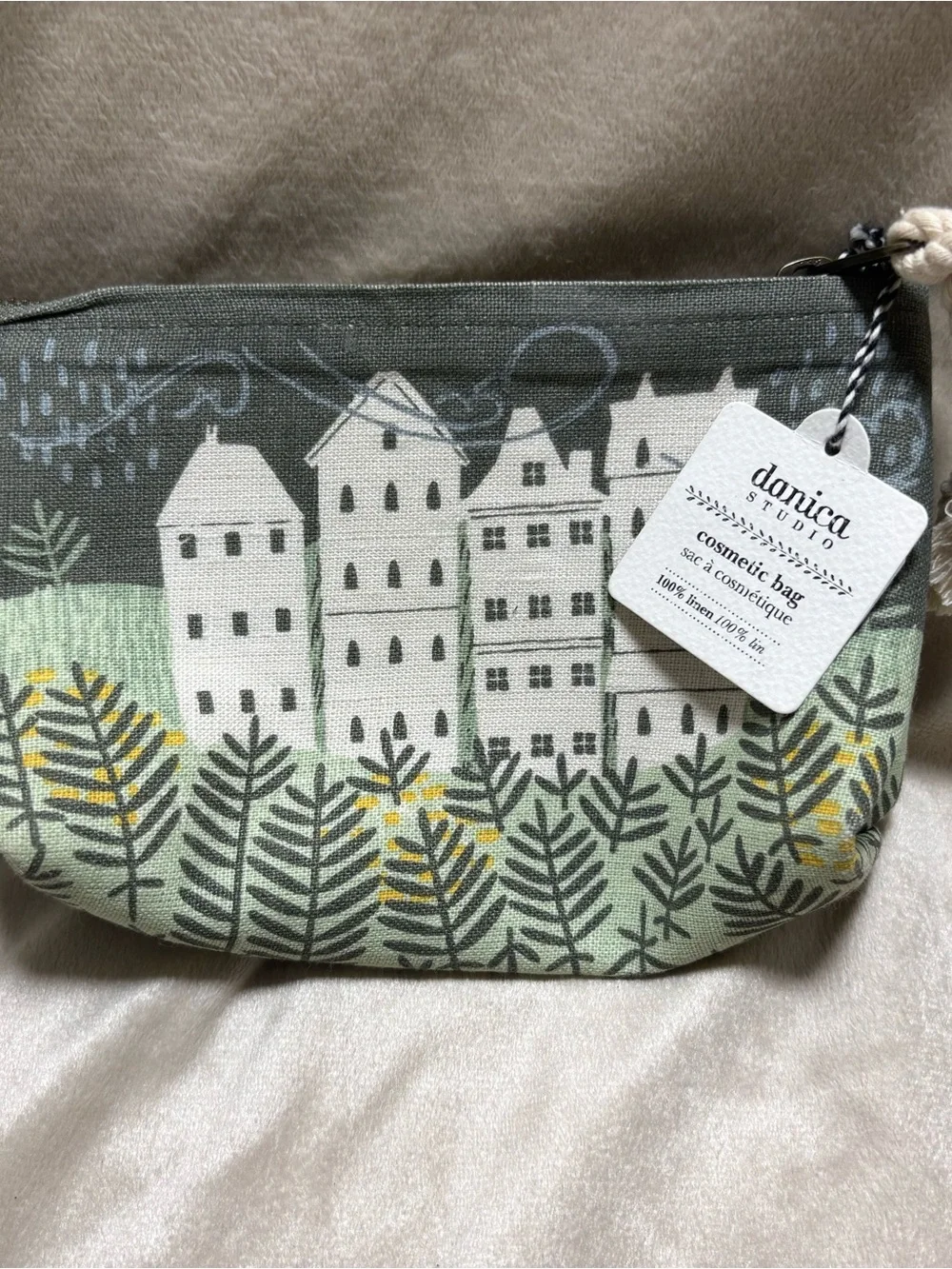Danica Studio 100% Linen Village Print Cosmetic Bag NWT Zipper Pouch Gray Green